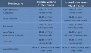 Horarios de los monasterios de Meteora