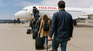 Gente con maletas de viaje en Iberia