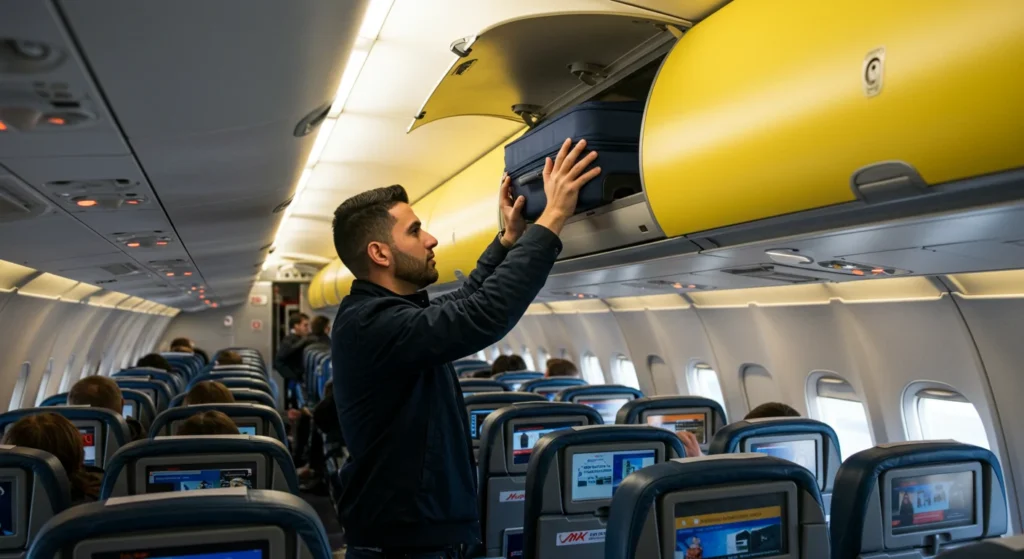 Pasajero colocando una maleta de viaje dentro del avión