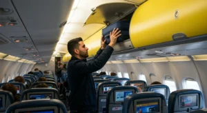 Pasajero colocando una maleta de viaje dentro del avión