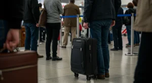 Un viajero llevando una maleta de cabina