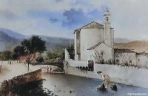Los autores de este blog hemos coloreado con inteligencia artificial este cuadro del siglo XIX donde se puede ver cómo era la capilla ya desaparecida.