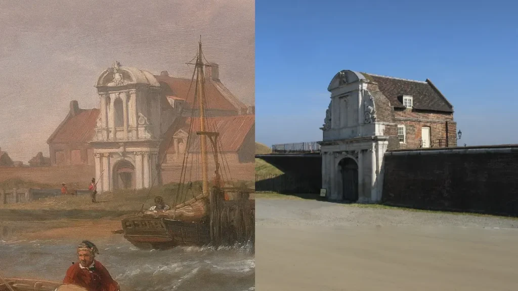 Detalle de la pintura titulada "Fuerte de Tilbury: viento contra la marea", de Clarkson Stanfield. A la derecha la Puerta de las Aguas (1676-1683) en la actualidad.