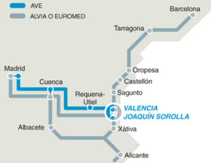 Mapa de los trenes AVE, ALVIA y EUROMED a Valencia