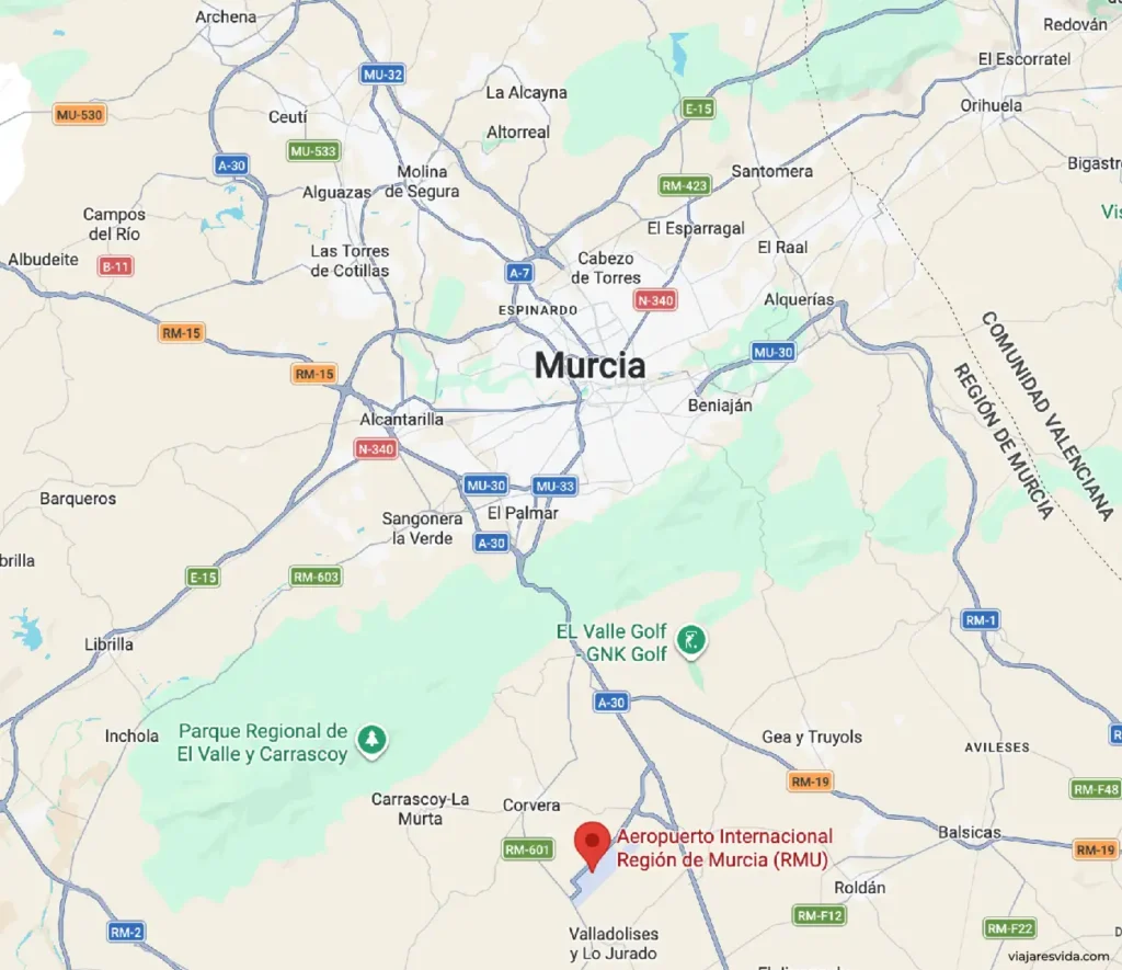 Mapa de cómo llegar a Murcia desde el aeropuerto
