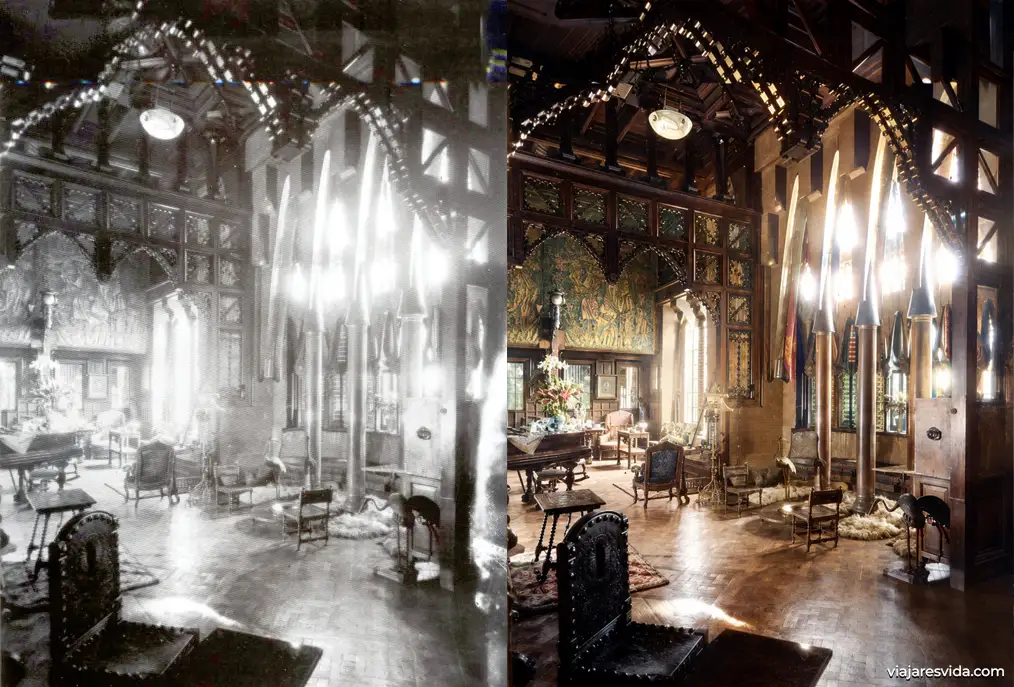 Fotografía antigua del Palau Güell cuando todavía tenía muebles. A la derecha una restauración moderna con los colores aproximados que pudo tener.
